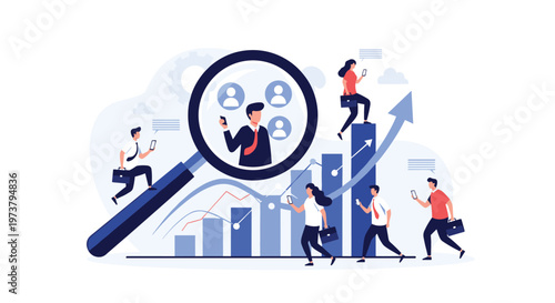 Human resources and recruitment concept showing candidates being analyzed through a magnifying glass near growth charts.