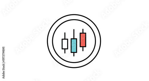 Financial trading symbol featuring a candlestick chart inside a double circle represents market analysis and stock exchange.
