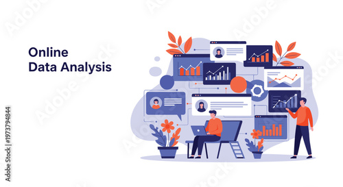 Online data analysis workspace with professionals monitoring dashboards and statistics on multiple screens in a flat design.