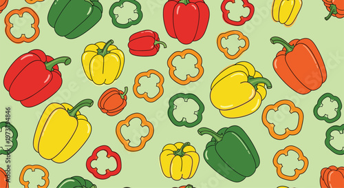 Seamless background pattern of colorful bell peppers featuring whole and sliced red yellow and green vegetables together.
