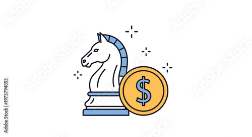 Strategic financial planning icon with a knight chess piece standing next to a gold dollar coin in a clean flat style.