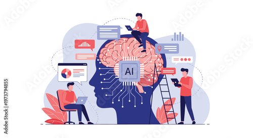 Artificial intelligence concept showing a human profile with a brain and chip being built by a technical expert team.