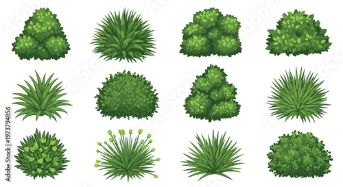 Collection of green bush and grass tuft sprites for landscape gardening and environment design in simple flat game style.