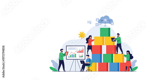 Creative project development team building a tower of colorful blocks to represent collaborative construction and growth.