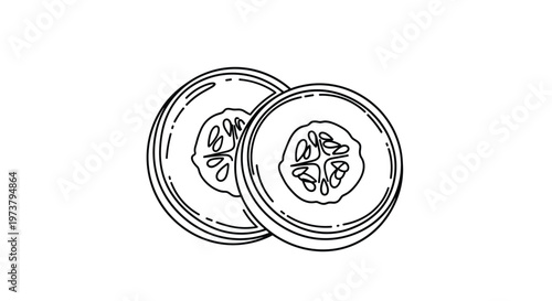Two round cucumber slices depicted in a simple black and white line art illustration style for kitchen and food design.