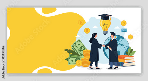 Graduation ceremony and career planning concept banner with students shaking hands near money books and an idea lightbulb.