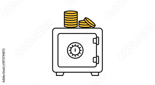 Metal bank safe box with stacks of gold coins on top represents secure financial savings and banking in a simple style.