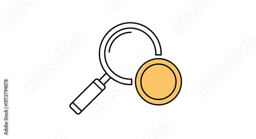 Financial research and auditing icon with a magnifying glass examining a gold coin in a clean minimalist vector style.