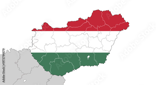 Map of Hungary with regional borders filled with the colors of the national tricolor flag for geography and travel design.