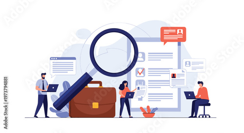 Human resources and job search concept with recruiters analyzing resumes through a large magnifying glass in flat style.