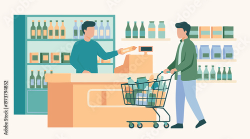 Customer paying for groceries at supermarket checkout with cashier