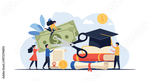 Scholarship and educational costs concept showing giant scissors cutting a money bill near graduates and stacks of books.
