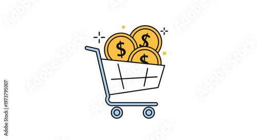 Blue shopping cart filled with several large golden dollar coins representing consumer spending and retail e-commerce sales.