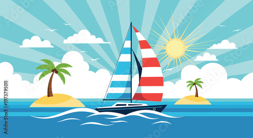 Beautiful tropical seascape with a striped sailboat cruising past palm tree islands under a bright sunny sky with rays.