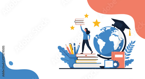 Enthusiastic student reaching for books while standing on a giant stack next to a globe and a graduation cap for education.