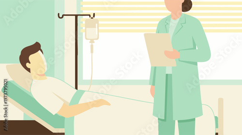 Medical professional attending to a patient in a hospital bed with IV drip