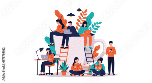 Creative team working on laptops and reading books around a giant white coffee cup representing a productive workspace environment.