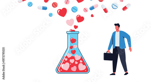 Professional man walking past a giant laboratory flask filled with hearts while pills fall from the sky representing health care.