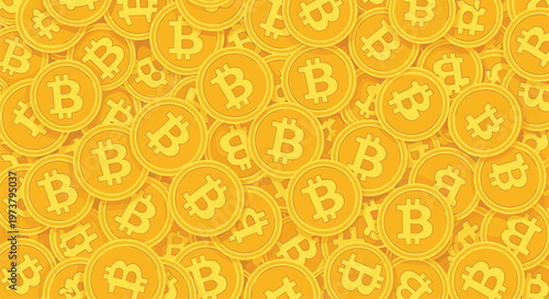 Seamless pattern background consisting of numerous gold bitcoin coins representing the global cryptocurrency market wealth.