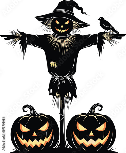 Scary silhouette of a Halloween scarecrow with glowing pumpkins and a crow sitting on its arm, spooky night scene.