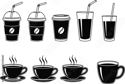Collection of black and white coffee cups and glasses with straws for takeaway and hot drinks.