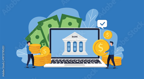 People carrying stacks of gold coins toward a laptop screen displaying a bank building representing modern online banking.
