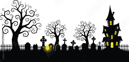 Creepy Halloween landscape with haunted house, dead trees, and gravestones in a spooky graveyard.