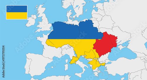 Map of Ukraine with regions colored in national blue and yellow flag colors highlighting its geographical position in Europe.