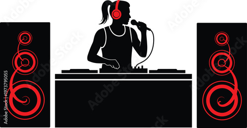 Female DJ silhouette with headphones and microphone playing music on turntables with speakers.
