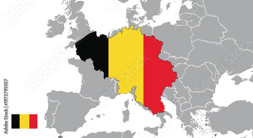 Map of Belgium featuring the national black yellow and red flag colors set within a grey outline of the European continent.