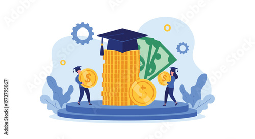 Graduates in academic gowns carrying large gold coins around a stack topped with a mortarboard for education costs and funding.