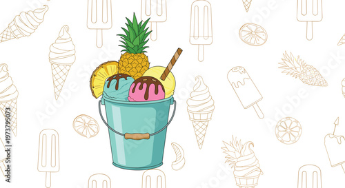 Large bucket filled with colorful ice cream scoops and a pineapple on a background with faint ice cream patterns and fruit.