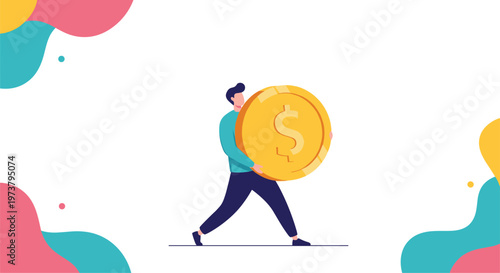 Professional man carrying a giant golden dollar coin across his shoulders representing financial wealth or heavy economic burden.