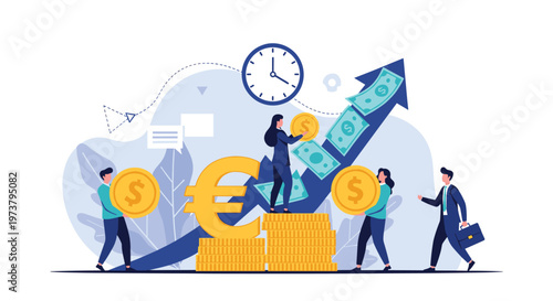 Business professionals managing money and currency exchange around a large upward arrow and a clock for financial growth.
