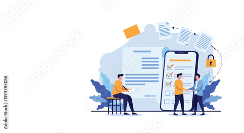 Business partners shaking hands in front of a giant smartphone with a checklist and a lock representing secure digital contracts.