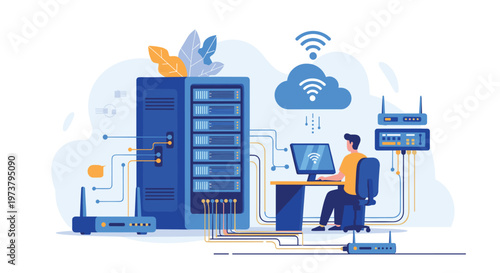 Expert technician working at a computer desk connected to a giant server rack and cloud icons for data center management.