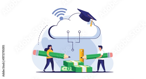 Two students holding large pencils near stacks of money and a cloud with a graduation cap representing education costs.