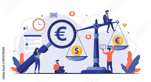 Financial analysts using scales to balance euro and dollar coins while inspecting data charts through a large magnifying glass.