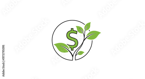 Dollar sign with green leaves growing out of it symbolizing financial growth and ecological sustainability in business.