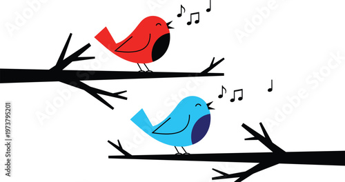 Two singing birds on tree branches with musical notes.