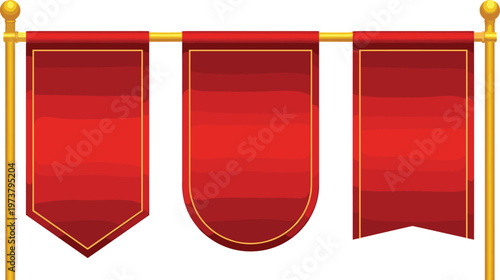Collection of three red pennants or banners hanging on golden poles, different shapes and styles.