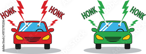 Two cartoon cars honking horns, red car with red honk signals and green car with green honk signals.