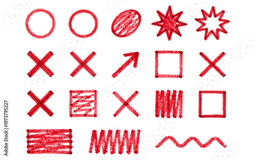 Collection of hand drawn red crayon symbols and geometric shapes isolated on white background for educational and marking purposes.