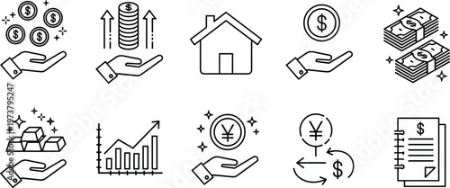 Set of finance and business icons, including money, coins, house, chart, gold, and currency symbols.