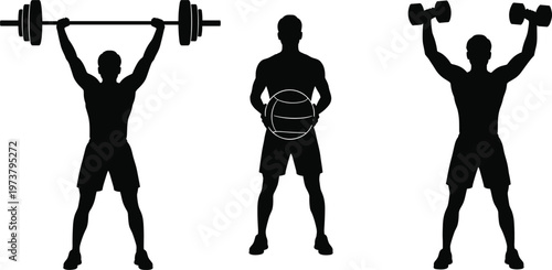 Athletes in silhouette lifting weights and holding medicine ball.