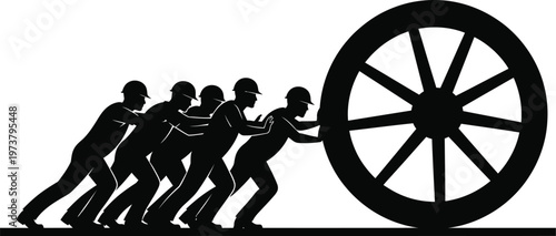 Workers unity silhouette of men pushing a heavy wheel strength in numbers