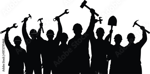 Workers unity silhouette of construction workers raising tools in solidarity