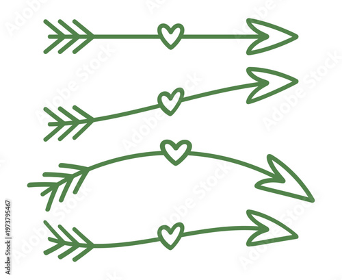 Green arrows with heart designs, vector graphic illustration set