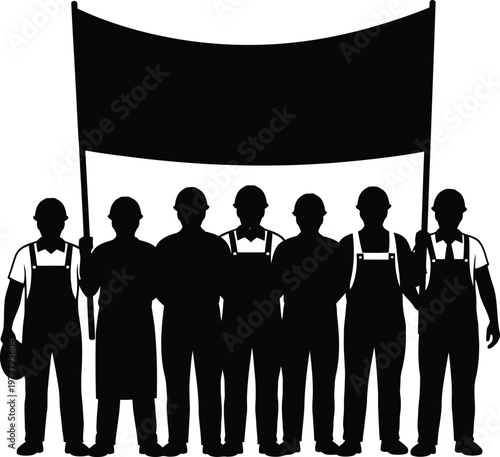 Workers unity silhouette of united labor force with banner strength in solidarity