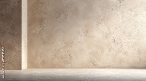 Warm beige textured plaster wall with narrow column and soft floor light for interior design mockup, backdrop, poster and presentation templates